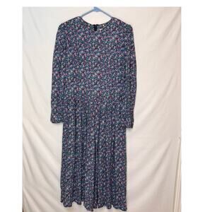 Vintage Lanz Original Women's 10 Blue/Green Floral Print Long Sleeve Dress
